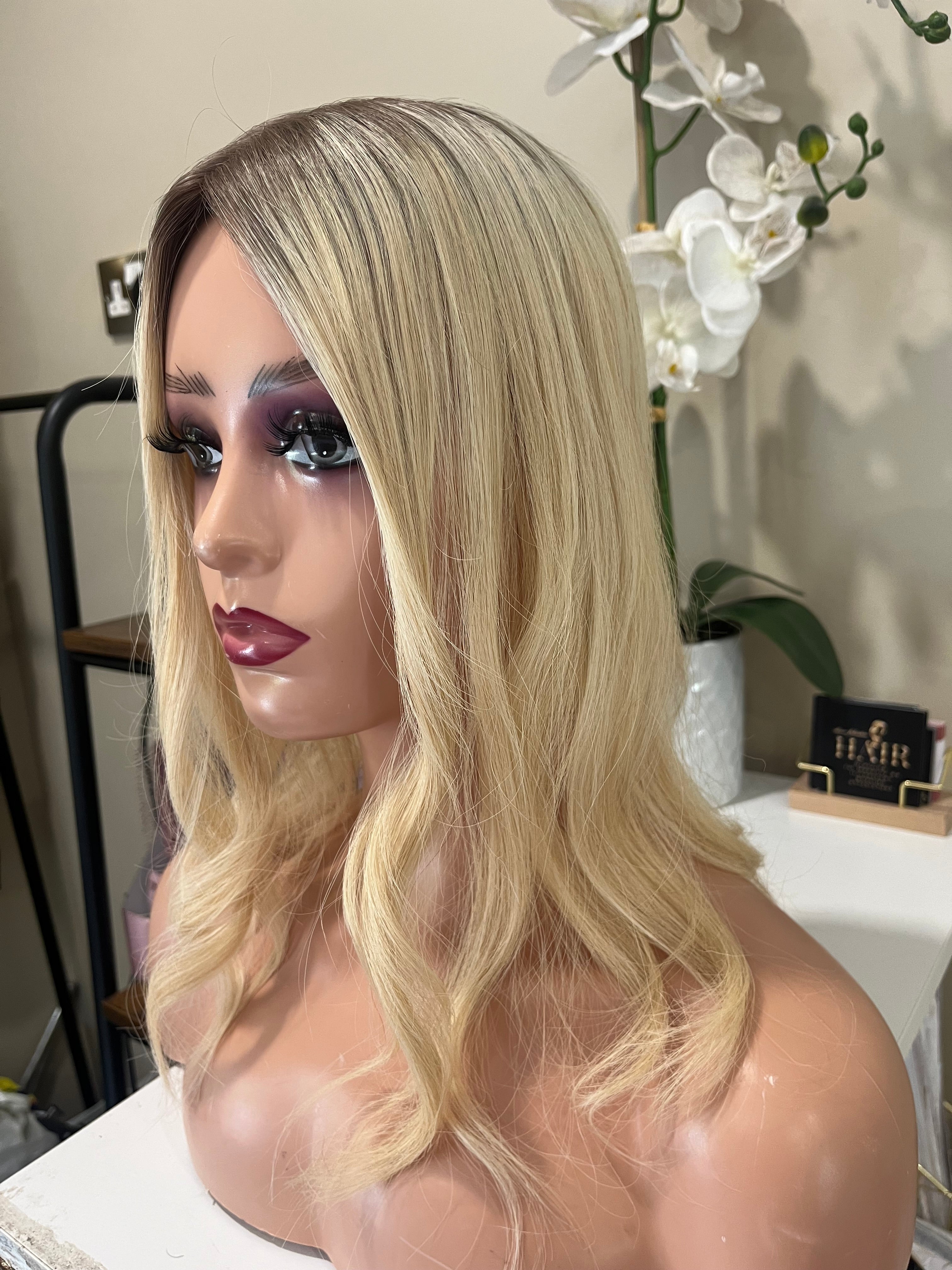 The AJ Ultra Lightweight Human Hair Enhancer 14inch Rooted Sunset Blonde