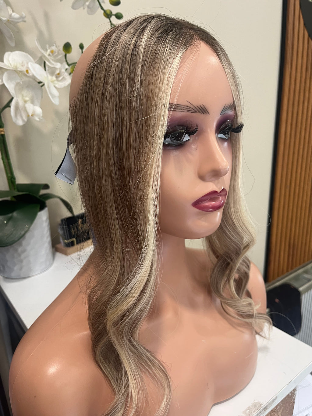 The AJ Hairline Human Hair Enhancer 14inch Expresso Rooted Blonde Lights