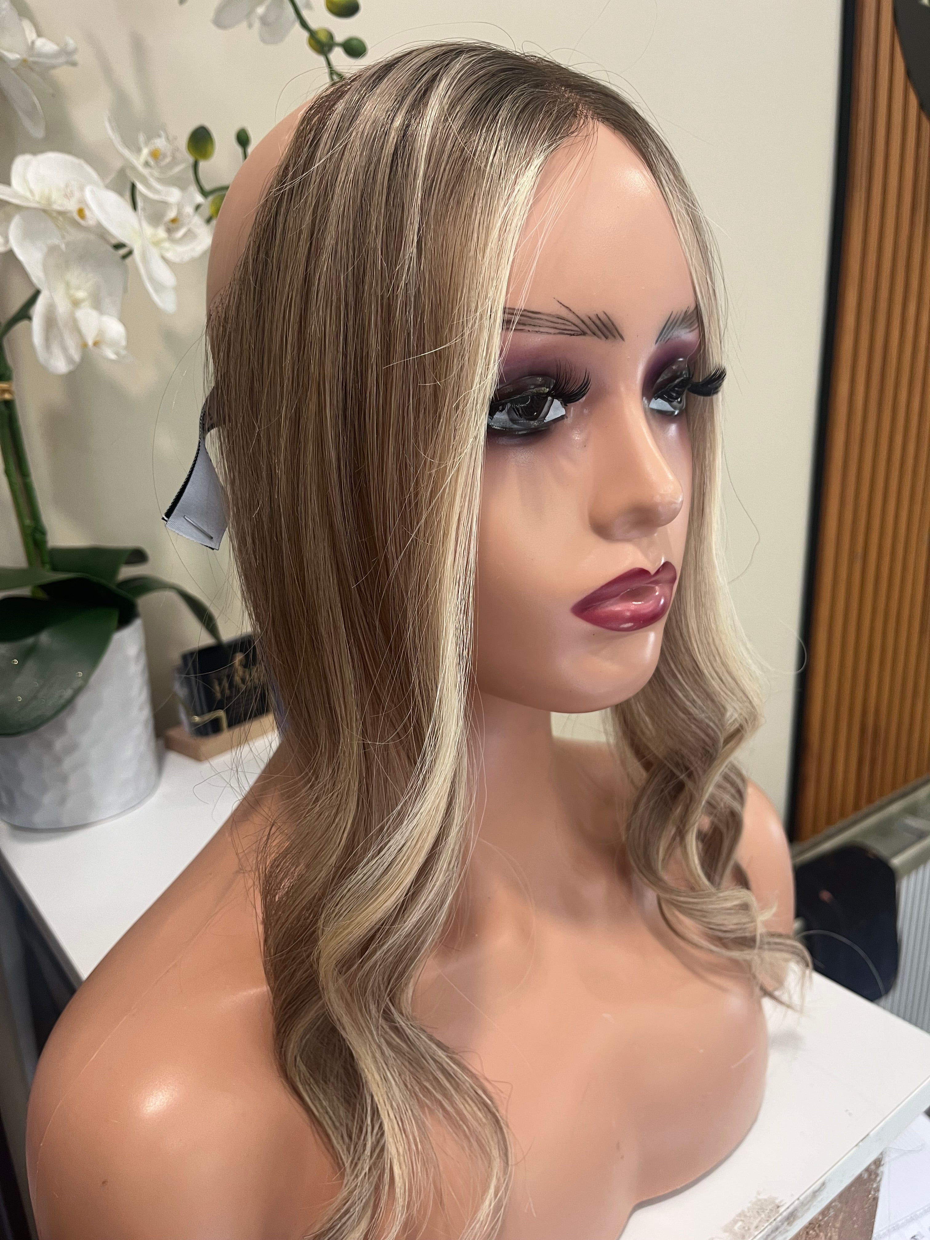 The AJ Hairline Human Hair Enhancer 14inch Expresso Rooted Blonde Lights