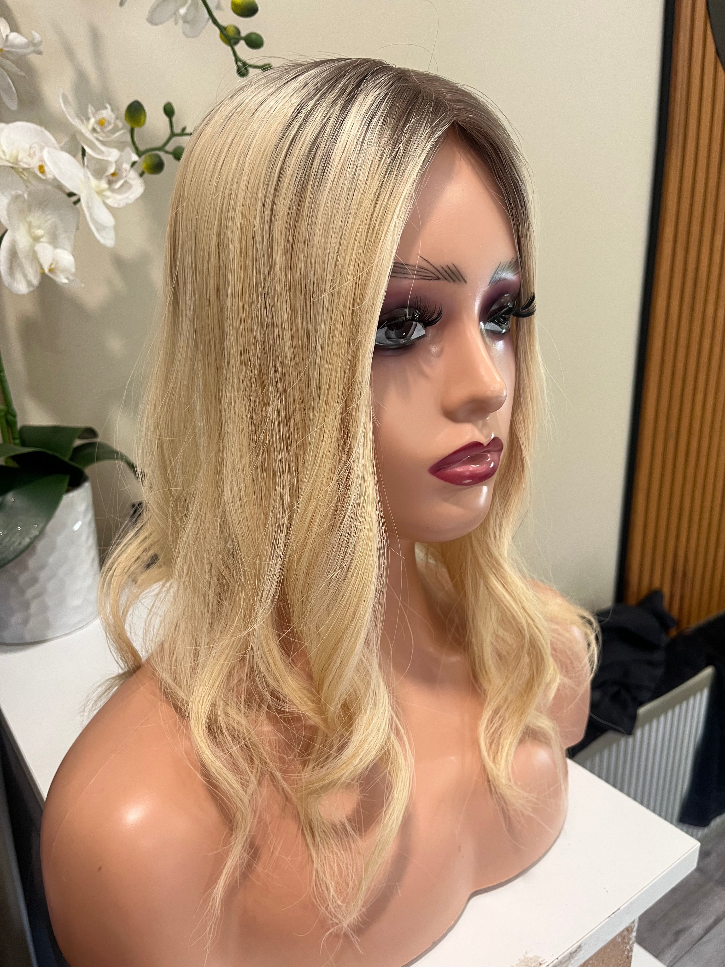 The AJ Ultra Lightweight Human Hair Enhancer 14inch Rooted Sunset Blonde