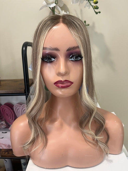 The AJ Hairline Human Hair Enhancer 12inch Expresso Rooted Blonde Lights