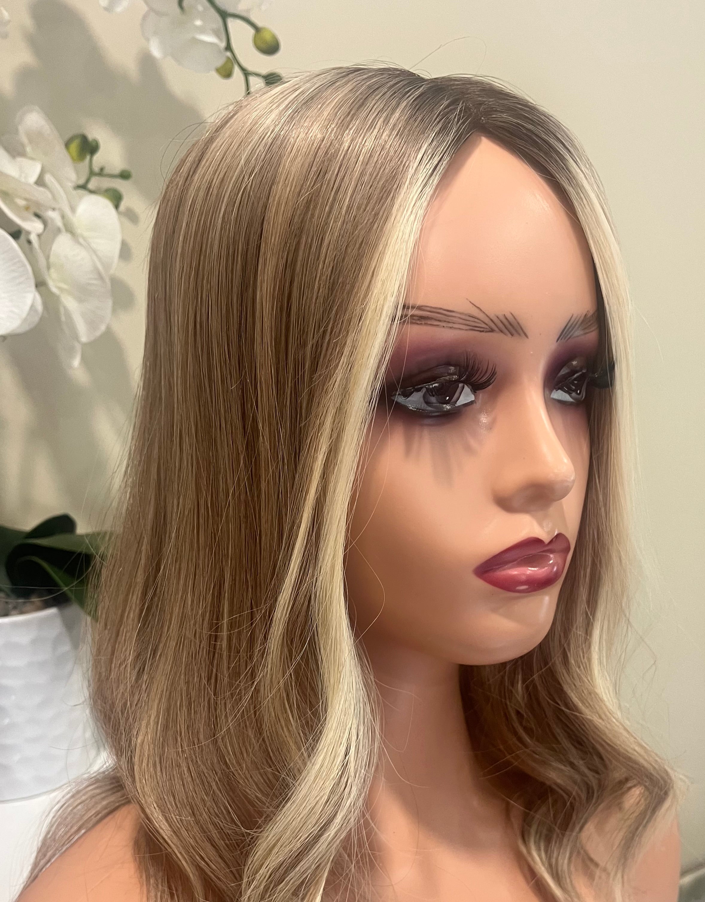 The AJ Luxe Human Hair Enhancer Expresso Rooted Blonde lights 16 inches