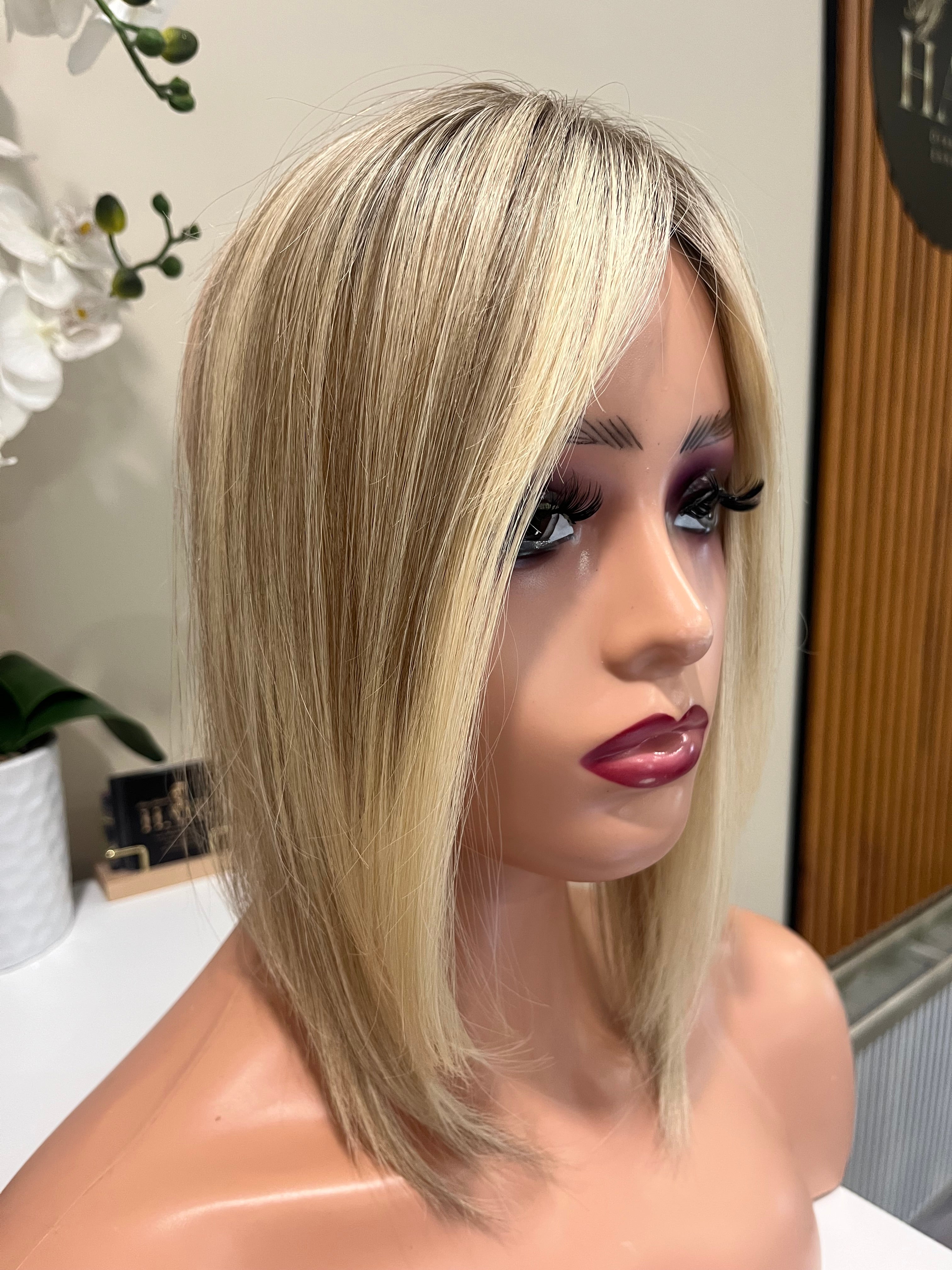 The AJ Frontal Human Hair Enhancer in Rooted Ash Blonde 12 inches