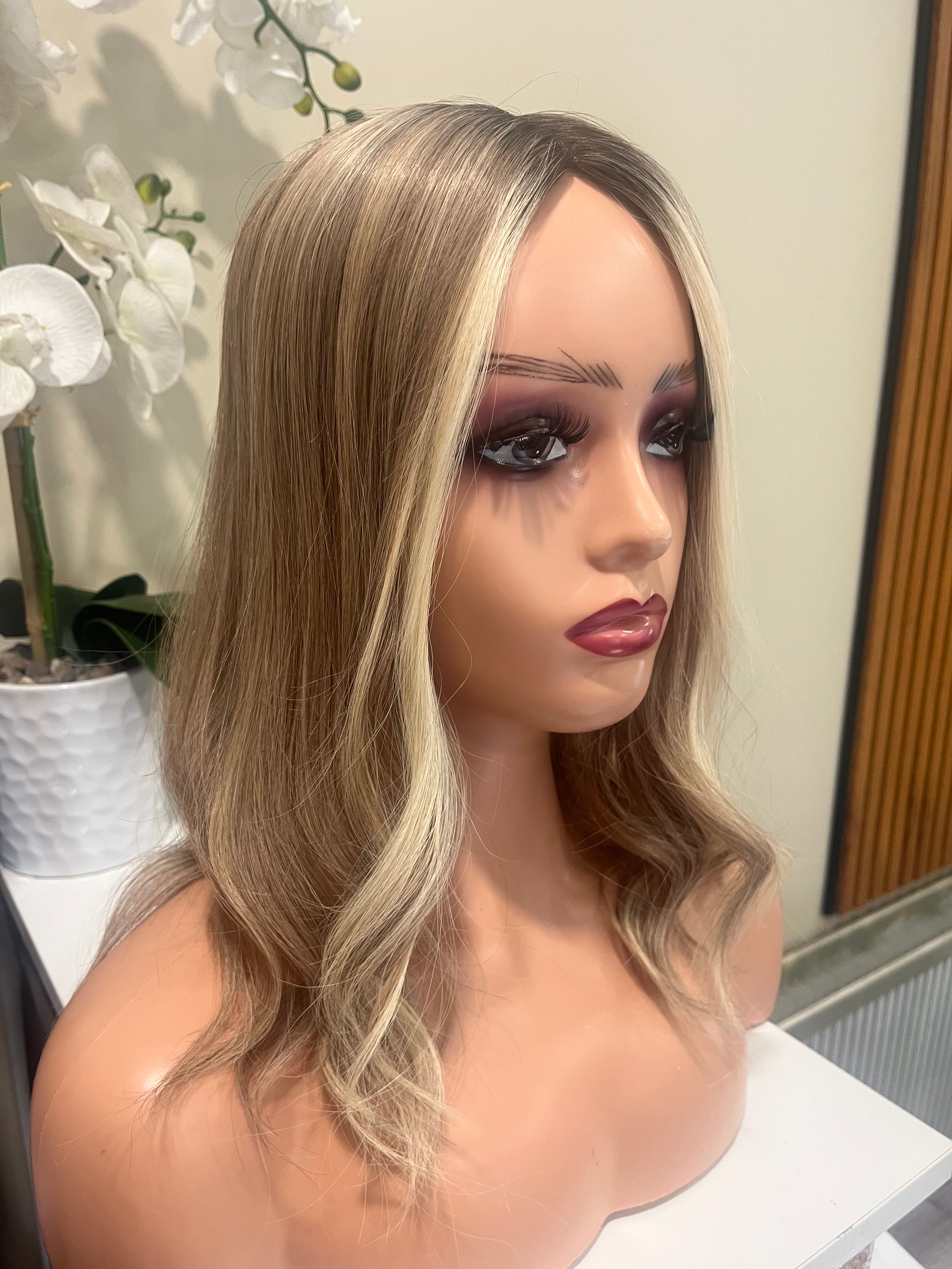 The AJ Luxe Human Hair Enhancer Expresso Rooted Blonde lights 14 inches