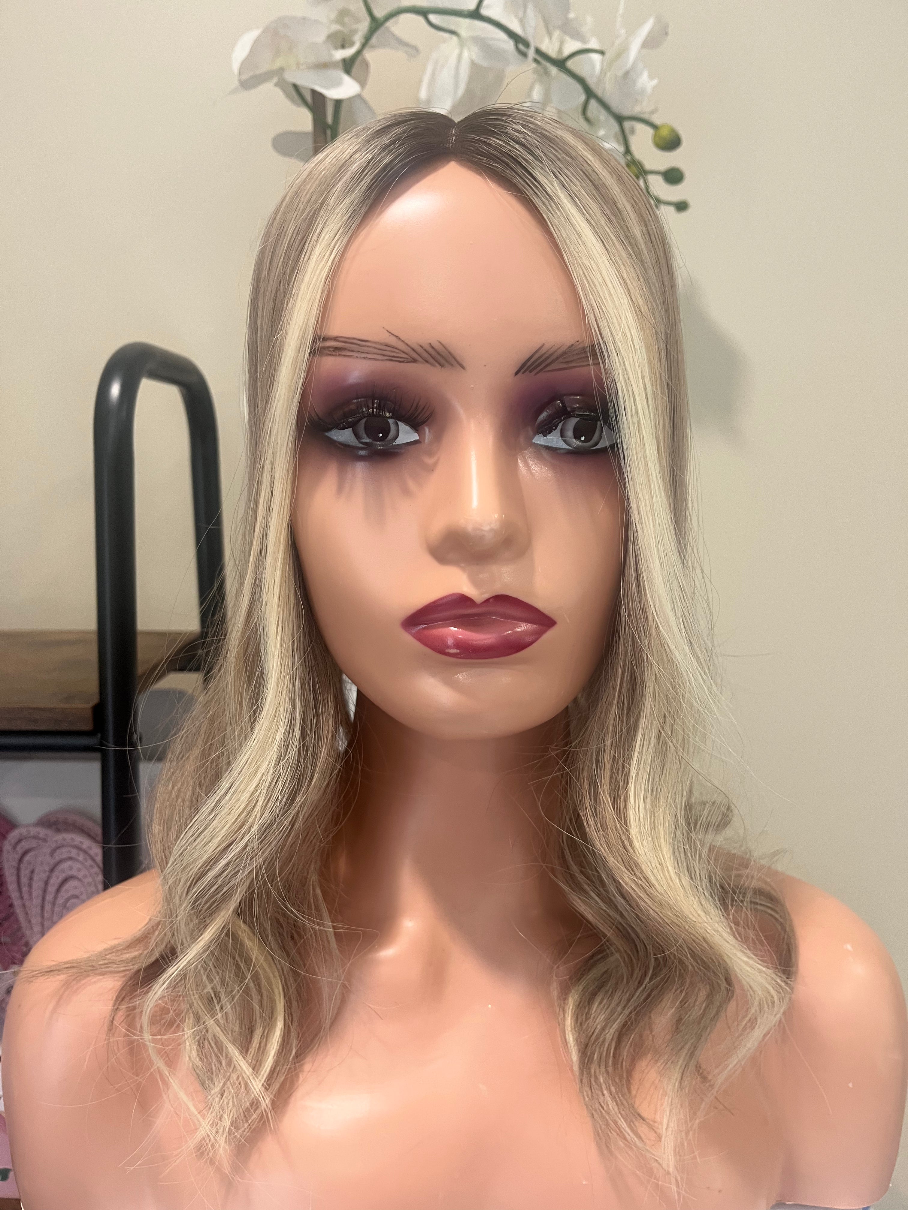 The AJ Luxe Human Hair Enhancer Expresso Rooted Blonde lights 14 inches