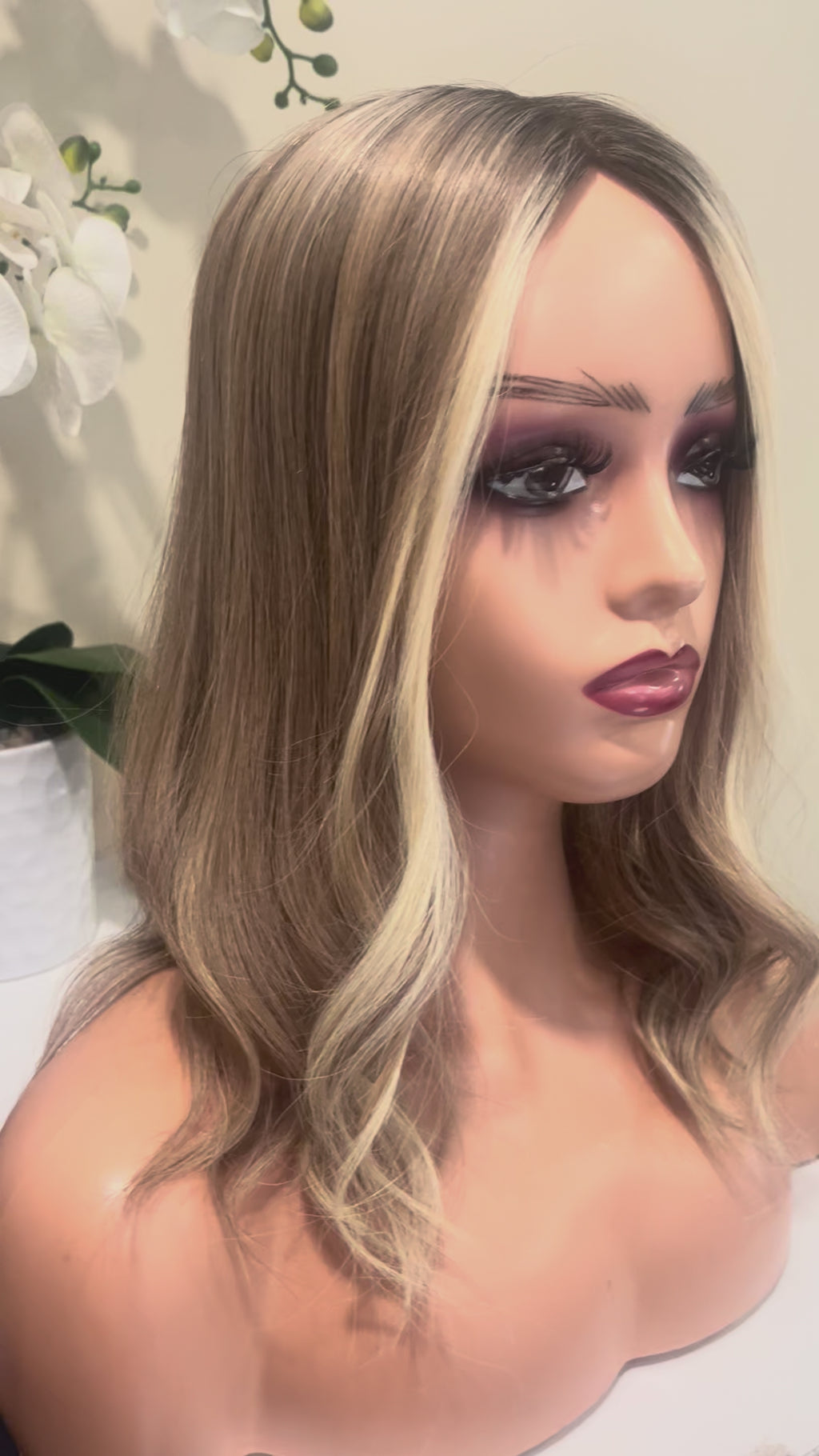 The AJ Luxe Human Hair Enhancer Expresso Rooted Blonde lights 16 inches